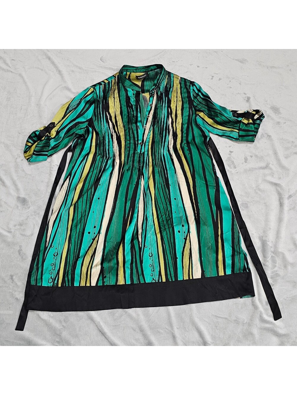 Bebe Silk Blend Tunic Dress Womens S Green Striped Print Tie Waist Sleeve